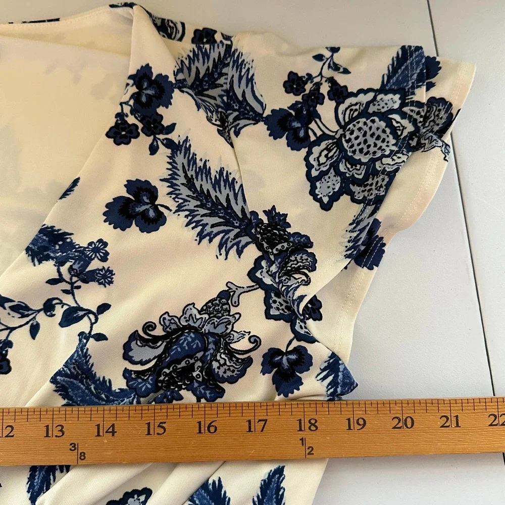 Ralph Lauren LRL Dress Womens 12 Blue Floral Faux Wrap Ruffle Sleeve Office_8